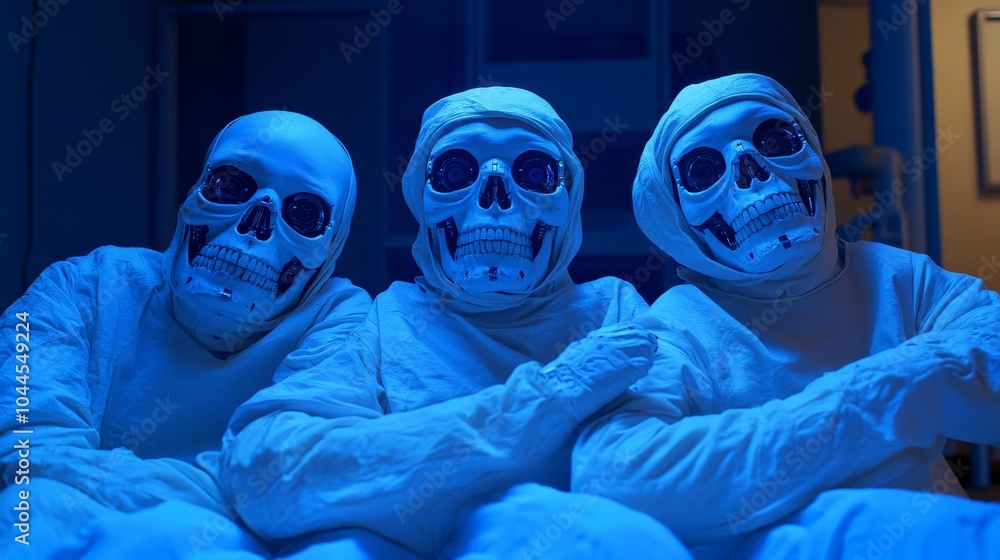 Three skeleton figures dressed in white, posed in a blue-lit environment. Three skeleton figures dressed in white, posed in a blue-lit environment.