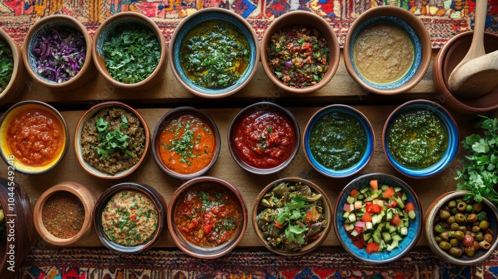 Vibrant Eastern Dips and Sauces in Traditional Setting Vibrant Eastern Dips and Sauces in Traditional Setting