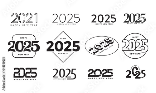 Big set of 2025 new year logo text design template. Christmas collection of 2025. Vector illustration black labels logo for diaries, calendars