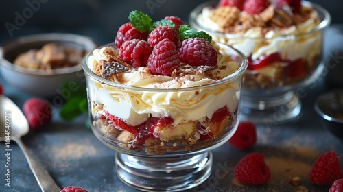 Delicious Raspberry Trifle Dessert with Whipped Cream and Crumble Topping