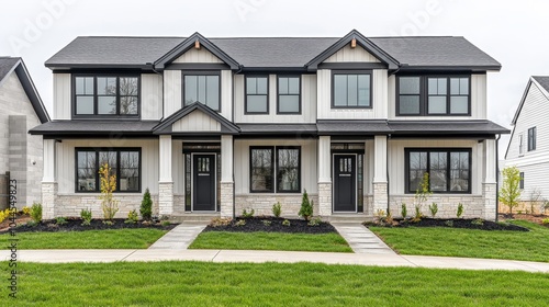 A modern duplex home with a stylish facade and landscaped front yard.