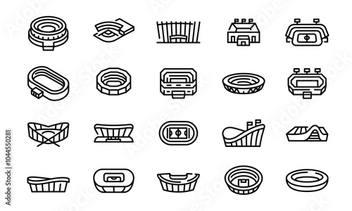 Stadium icons. Set of 20 modern minimal stadium icons. Football stadium, modern arena, concert venue icon. Design symbols for sports events, public spaces, architecture projects. Vector illustration