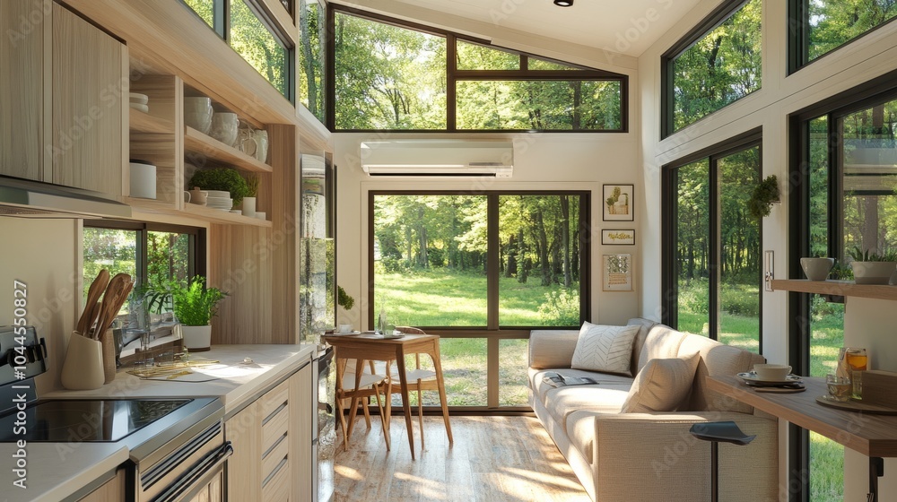 Fototapeta premium Bright interior of a tiny house with kitchen appliances, a dining table, sofa, and large windows with garden views.