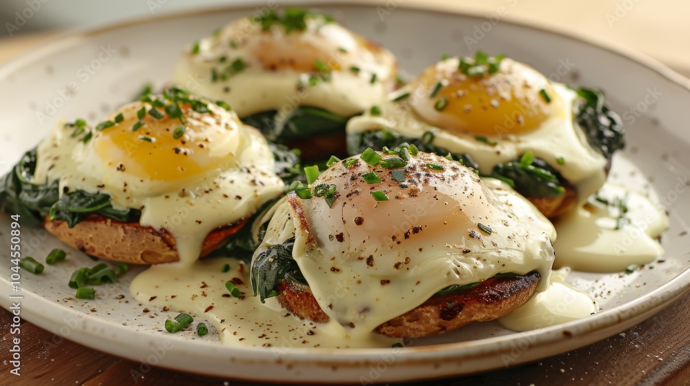 Delicious Spinach and Egg Benedict with Hollandaise Sauce on Plate Delicious Spinach and Egg Benedict with Hollandaise Sauce on Plate