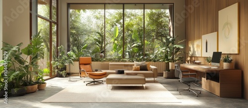 A modern living room with large windows overlooking a lush garden, featuring a comfortable armchair, sofa, coffee table, and a desk with a computer.