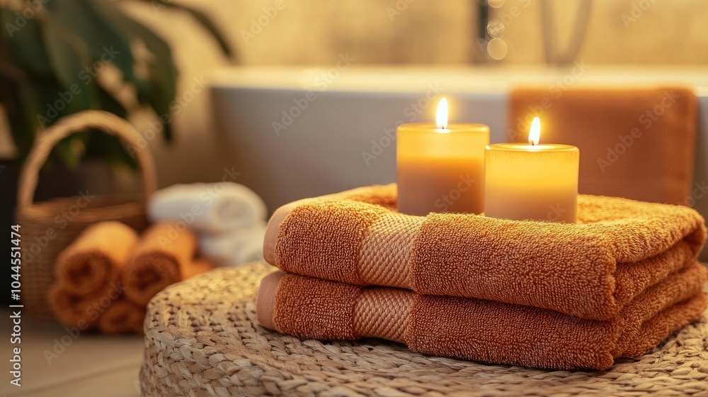 Cozy bath setup with terracotta and ochre towels, accompanied by candles casting a soft glow. Cozy bath setup with terracotta and ochre towels, accompanied by candles casting a soft glow.