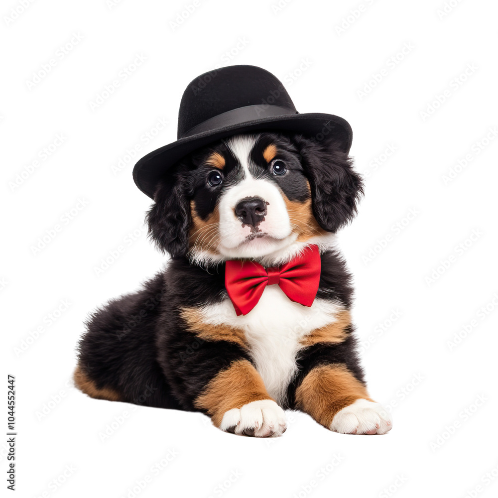 Cute Bernese mountain dog wearing a hat and bow tie on a transparent background. Cute Bernese mountain dog wearing a hat and bow tie on a transparent background.