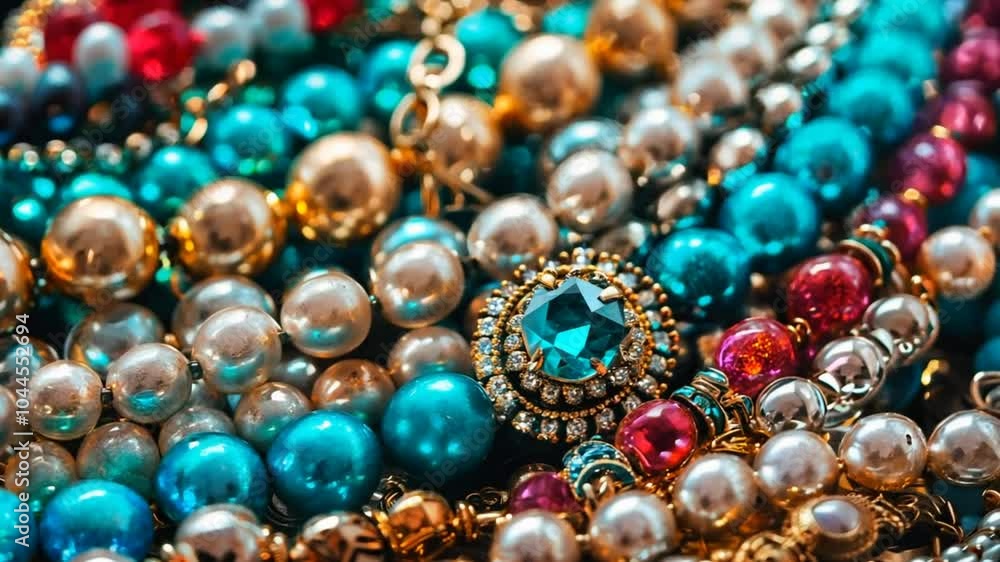 A variety of vibrant jewelry pieces featuring blue, pearl, and red beads are intricately arranged, showcasing their sparkling details and elegant design on a decorative background A variety of vibrant jewelry pieces featuring blue, pearl, and red beads are intricately arranged, showcasing their sparkling details and elegant design on a decorative background