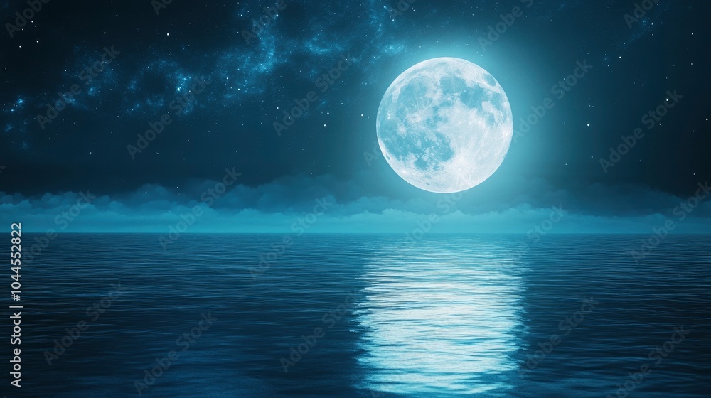 Fototapeta premium A starry night sky with the moon reflecting on calm waters, creating an ethereal and dreamy atmosphere. The water reflects both the stars in the deep blue sea and the bright silver of the full moon.