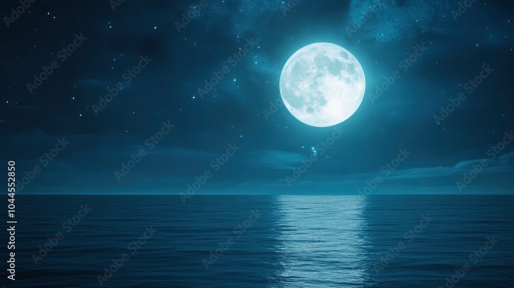 A starry night sky with the moon reflecting on calm waters, creating an ethereal and dreamy atmosphere. The water reflects both the stars in the deep blue sea and the bright silver of the full moon. A starry night sky with the moon reflecting on calm waters, creating an ethereal and dreamy atmosphere. The water reflects both the stars in the deep blue sea and the bright silver of the full moon.