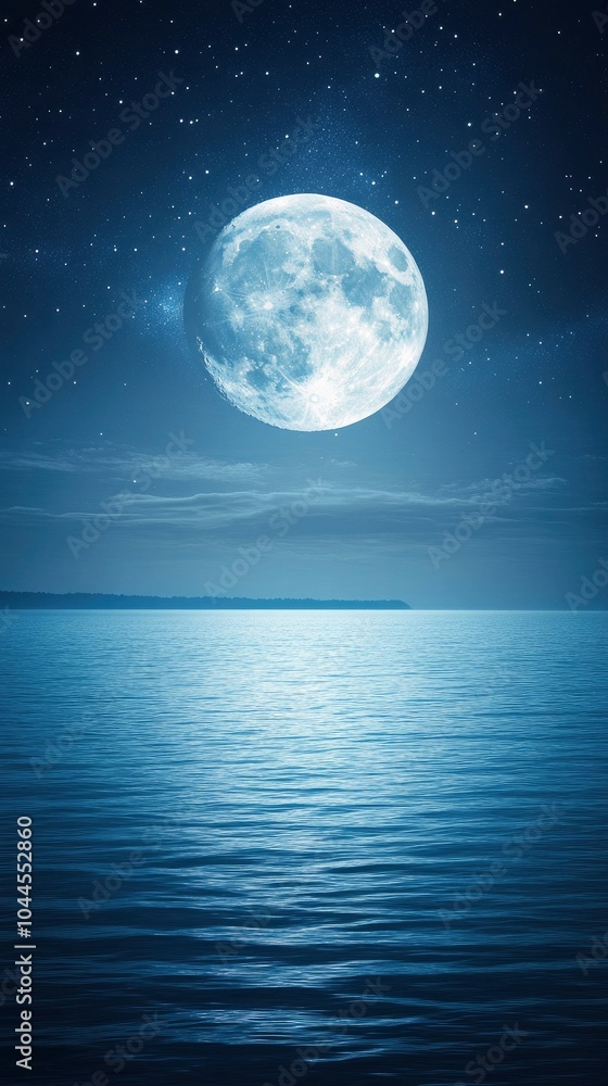 A starry night sky with the moon reflecting on calm waters, creating an ethereal and dreamy atmosphere. The water reflects both the stars in the deep blue sea and the bright silver of the full moon. A starry night sky with the moon reflecting on calm waters, creating an ethereal and dreamy atmosphere. The water reflects both the stars in the deep blue sea and the bright silver of the full moon.