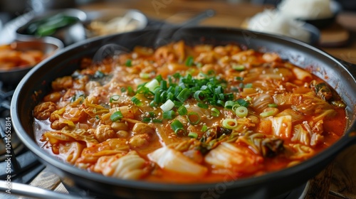 Spicy Kimchi Stew with Tofu and Green Onions in Black Pot