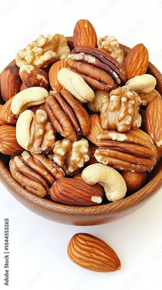 A wooden bowl filled with a variety of nuts including almonds, walnuts, pecans, and cashews. A wooden bowl filled with a variety of nuts including almonds, walnuts, pecans, and cashews.