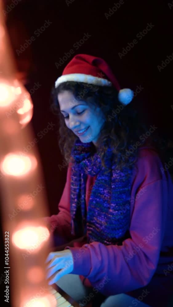 A peaceful holiday scene where a young woman sits at the piano, playing classic Christmas tunes wearing a Santa hat behind soft glow of twinkling lights. A peaceful holiday scene where a young woman sits at the piano, playing classic Christmas tunes wearing a Santa hat behind soft glow of twinkling lights.