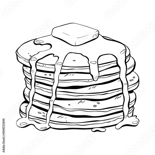 A Delicious Stack of Fluffy Pancakes Generously Topped with Butter and Maple Syrup. Vector sketch illustration. 