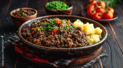 Delicious Minced Beef with Mashed Potatoes and Gravy Rustic Food Photography