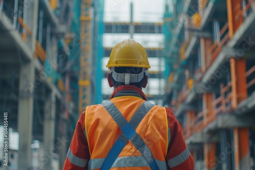 Engineer in safety gear overseeing construction project.