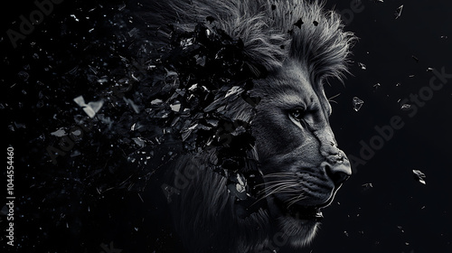 A dark, grim image of a lion whose face is shattered into fragments. photo