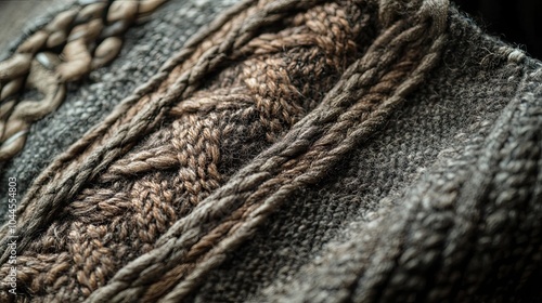 Close-up of a Brown and Gray Knitted Fabric with a Cable Knit Design
