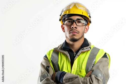 Young male engineer in safety gear on white background.