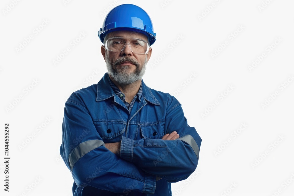 Middle aged engineer in blue helmet standing with crossed arms. Middle aged engineer in blue helmet standing with crossed arms.