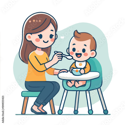 cartoon of a mom feeding a cute baby