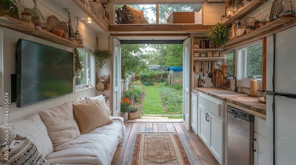 Tiny house living space with a kitchen and dining area, sofa, and TV, framed by a garden view outside the window. Tiny house living space with a kitchen and dining area, sofa, and TV, framed by a garden view outside the window.