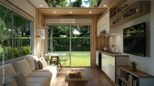 Tiny house living space with a kitchen and dining area, sofa, and TV, framed by a garden view outside the window.