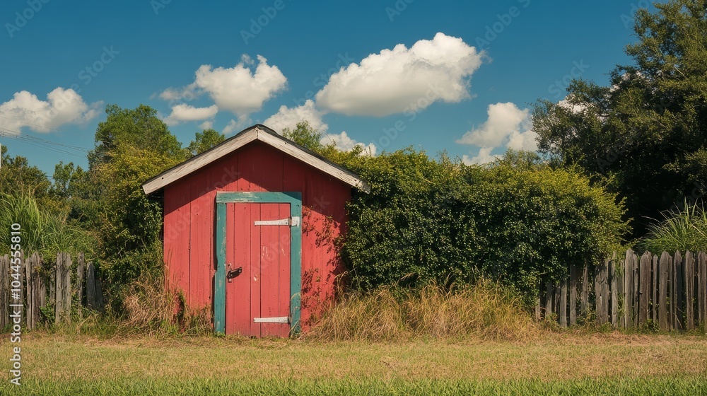 Fototapeta premium A charming red shed surrounded by tall grass