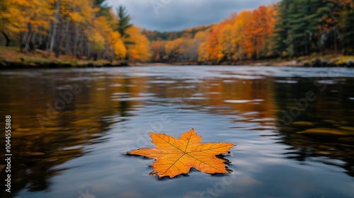 golden autumn leaf floating on the surface of a calm river