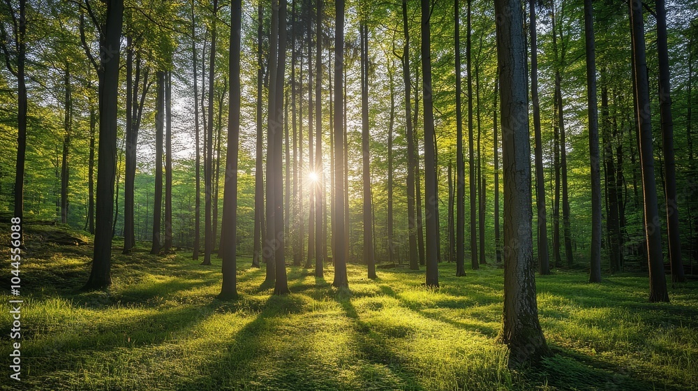 Obraz premium Sunlight sparkles in a serene forest