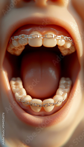 Close-up of an open mouth with dental braces. photo