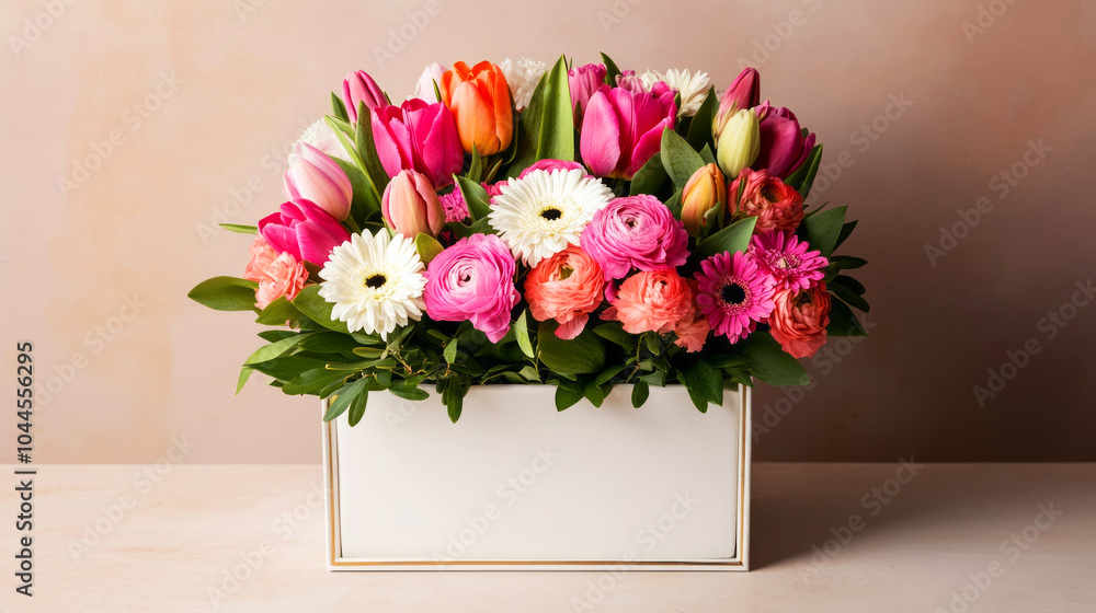 Fototapeta premium Luxurious Gift Box Overflowing with Colorful Flowers
