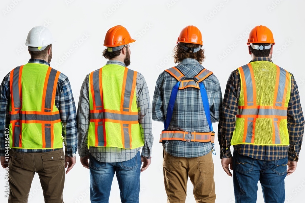 Team of engineers wearing reflective vests amd helmets isolated on white background Team of engineers wearing reflective vests amd helmets isolated on white background