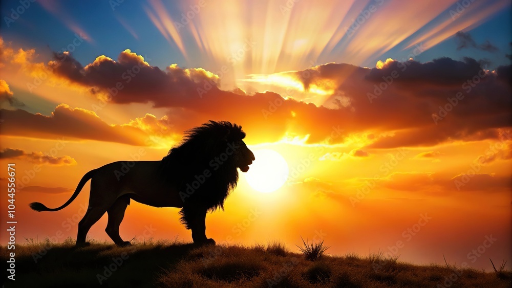Silhouette art painting of a lion in the sunset Silhouette art painting of a lion in the sunset