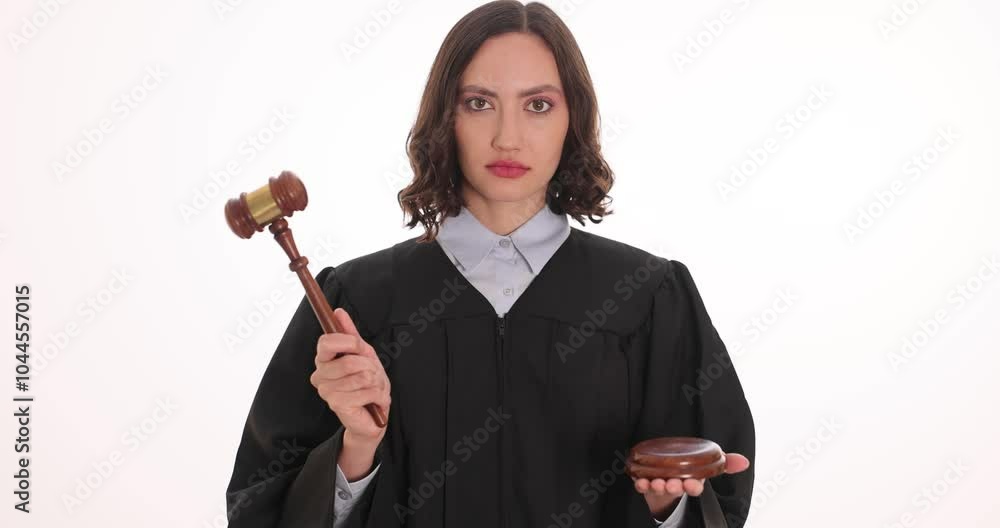 Woman Judge In Robe Female judge in black robe holds taps wooden podium with gavel on white ...