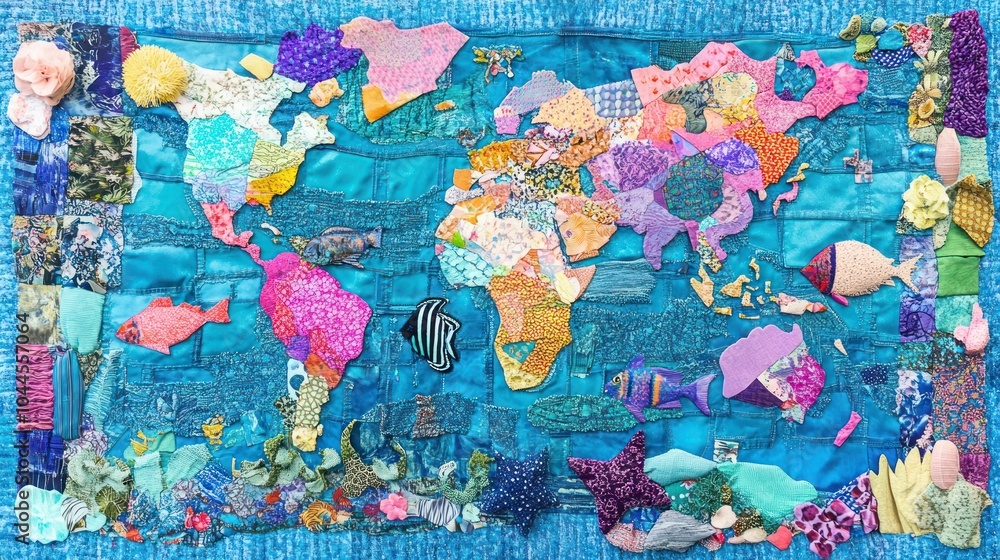 Naklejka premium A colorful textile map of the world, showcasing marine life and vibrant patterns.