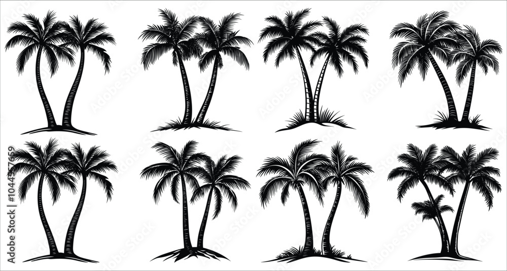 Fototapeta premium Tropical palm tree silhouettes vector design. Vector set of palm tree silhouettes. Beautiful palm tree silhouettes vector art. Palm tree silhouettes for summer designs 
