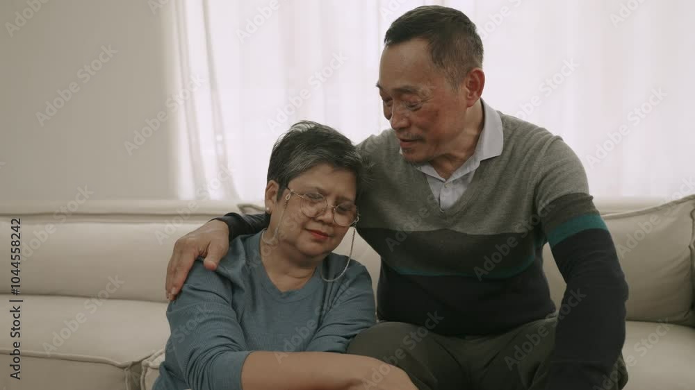 Unhappy senior Asian couple sitting embracing and consulting with supporting encourage each other on sofa in the living room at home. Mature husband sitting hugging and comforting his wife on couch. 