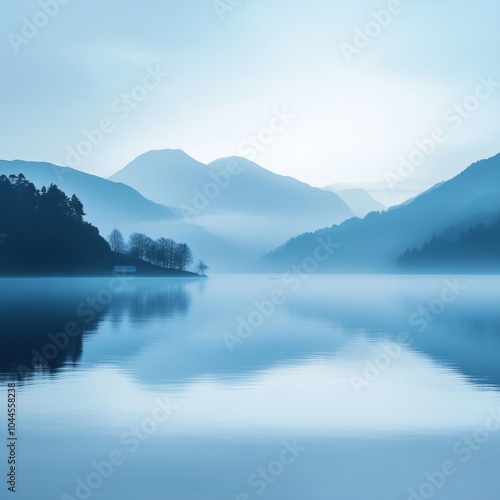 A minimalist blue tone web design with beautiful scenery and dreamy romance. The blue tones are soft and soothing, creating an atmosphere of tranquility. The scenery is captivating, 