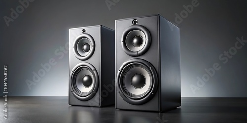 Modern black speakers isolated on grey background Wide-Angle