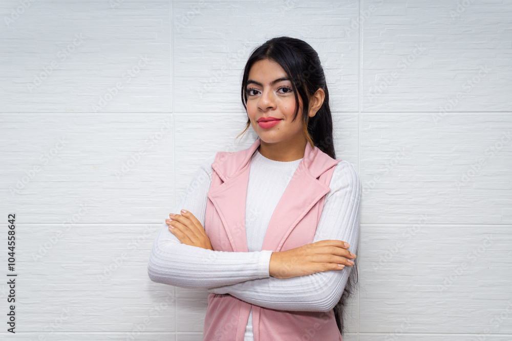 Brunette business woman looking at camera on white background. Enterprising and empowered woman. Brunette business woman looking at camera on white background. Enterprising and empowered woman.