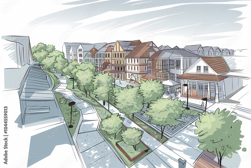 architectural sketch depicts a vibrant, pedestrian-friendly urban