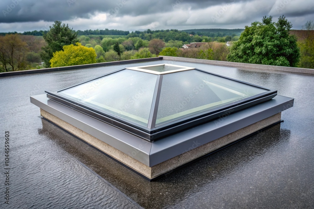 Modern glass roof lantern on grey flat roof during rain Modern glass roof lantern on grey flat roof during rain
