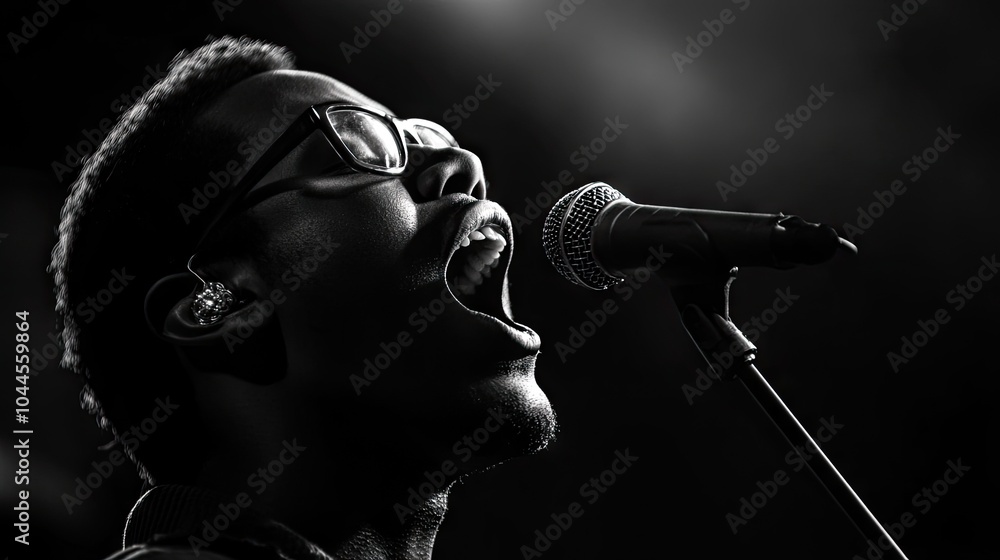 A soulful black-and-white photograph of a singer mid-performance, their face full of emotion, with the microphone adding to the powerful artistic atmosphere. A soulful black-and-white photograph of a singer mid-performance, their face full of emotion, with the microphone adding to the powerful artistic atmosphere.