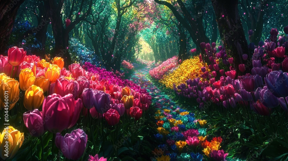 Fototapeta premium Enchanting Rainbow Tulip Forest Pathway Through Lush Floral Landscape