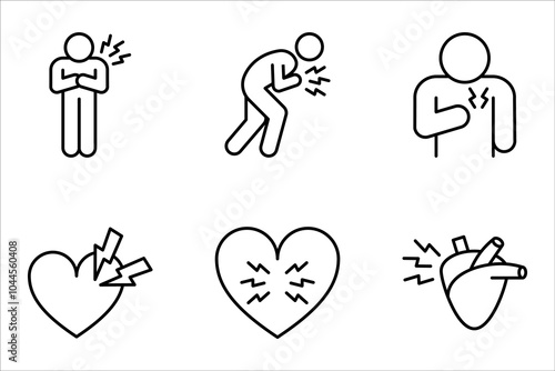 Heart attack linear icon set. Myocardial infarction. Cardiovascular disease. vector illustration on white background