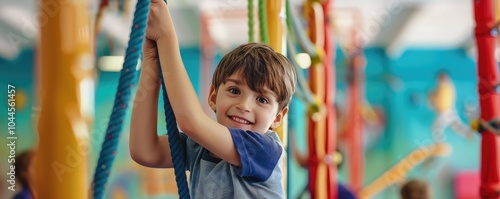 Smiling child climbing in colorful indoor playground.