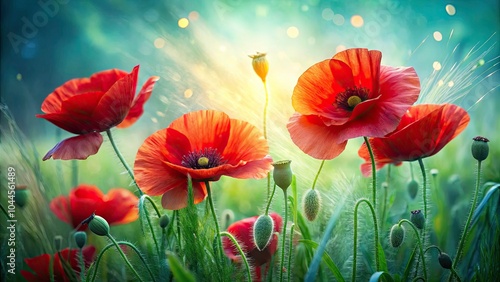 Double Exposure of Red Poppies in Green Grass for Remembrance Day â€“ Floral Tribute to Courage and Sacrifice in Nature's Embrace