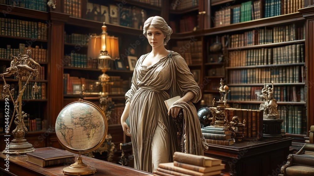 Classical Statue in a Luxurious Library Interior Classical Statue in a Luxurious Library Interior